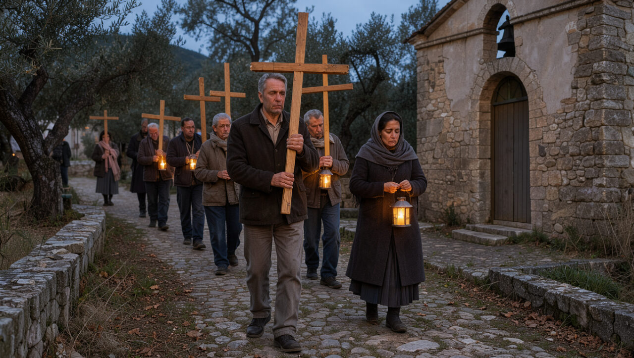 Procession traditionnelle du Chemin de Croix dans un village italien au crépuscule, avec des hommes et des femmes portant des croix en bois et des lanternes.