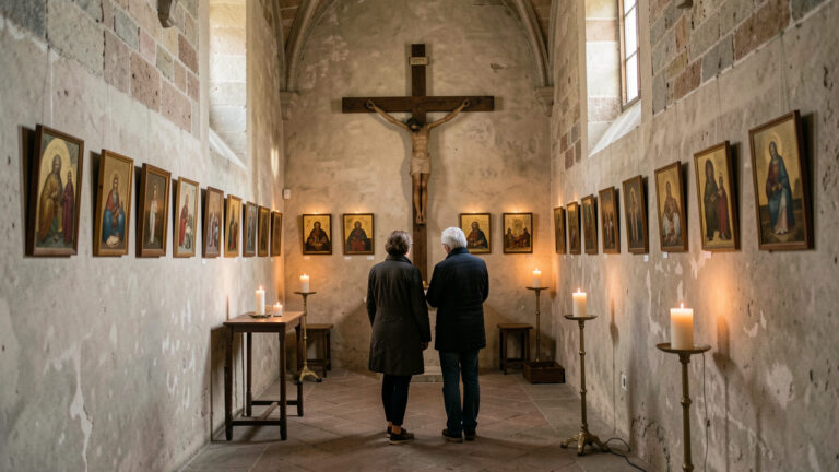 Intérieur paisible d’une église italienne avec une croix en bois, des œuvres dévotionnelles disposées le long des murs et deux fidèles en recueillement.