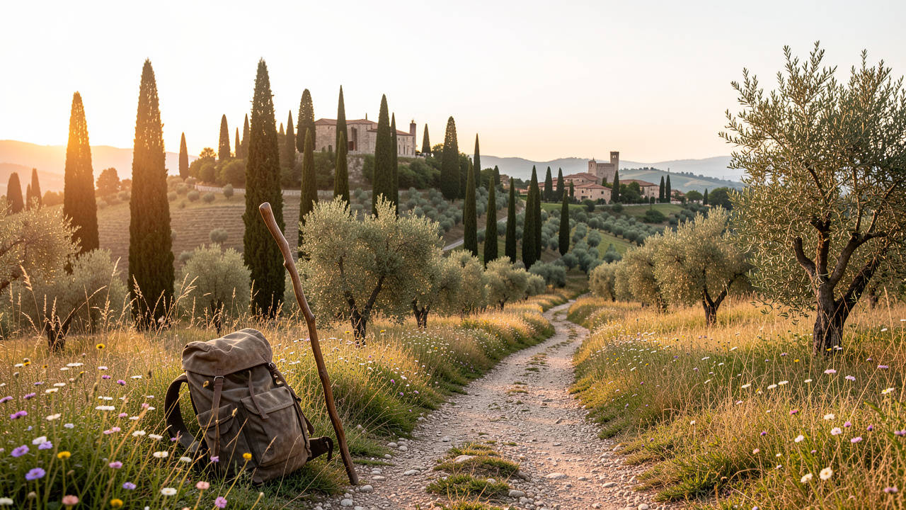 Chemin ancien de pèlerinage traversant la campagne du Latium vers un sanctuaire perché, avec un bâton de marche et un sac à dos près de fleurs sauvages.